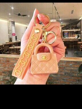 Peach Quilted Mini Purse Keychain with Gold Accent